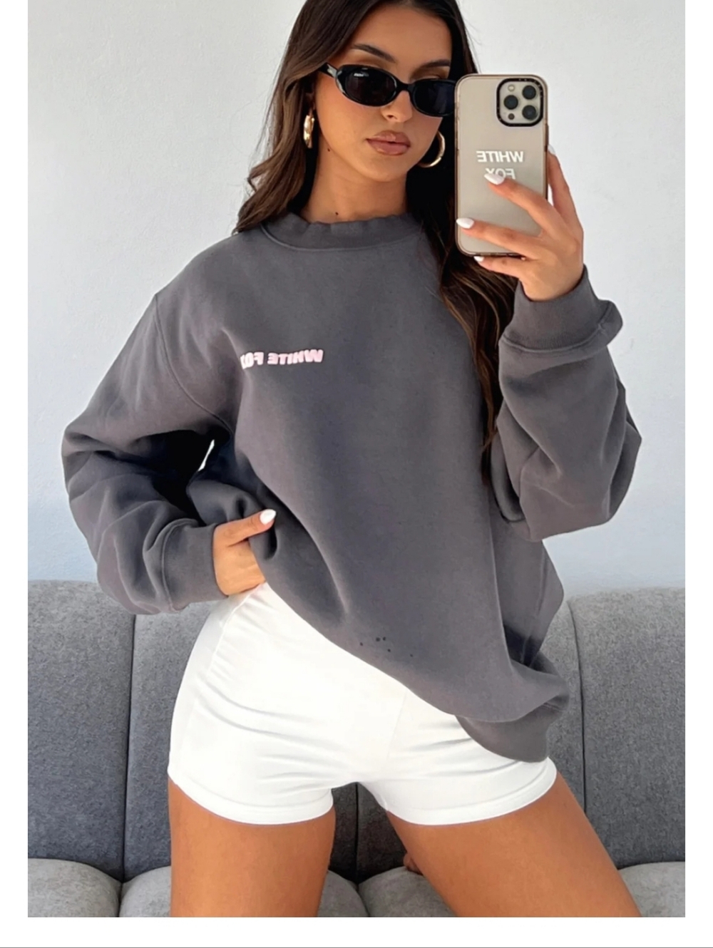 White Fox Womans Grey Sweatshirt with Pink & White Heart Graphic